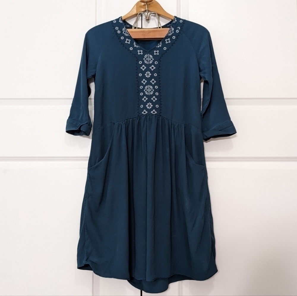Garnet Hill Dress Women's 6 Green Teal Embroidered Detail Boho Pockets